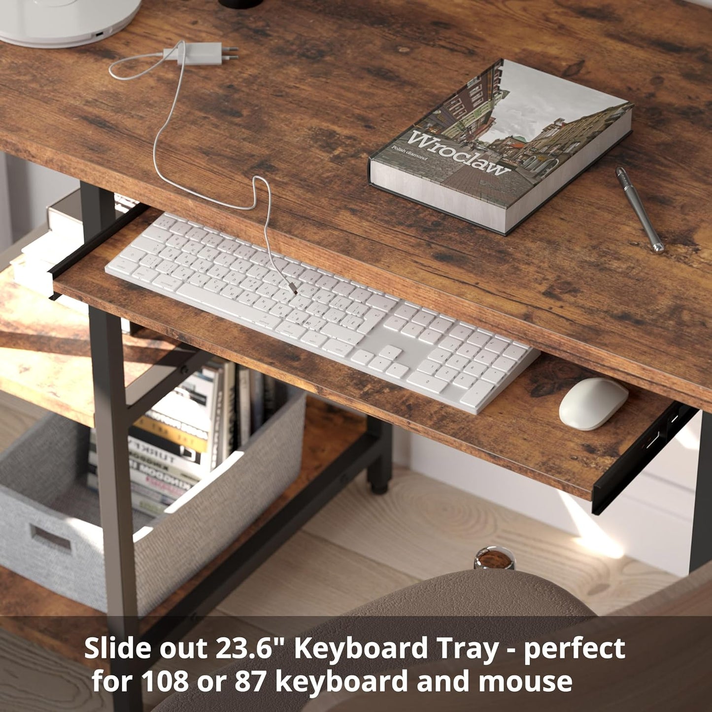 Computer Desk 47", Home Office Desk with Keyboard Tray, Monitor Stand, Storage Shelf, Industrial Studying Writing Table, Vintage Brown