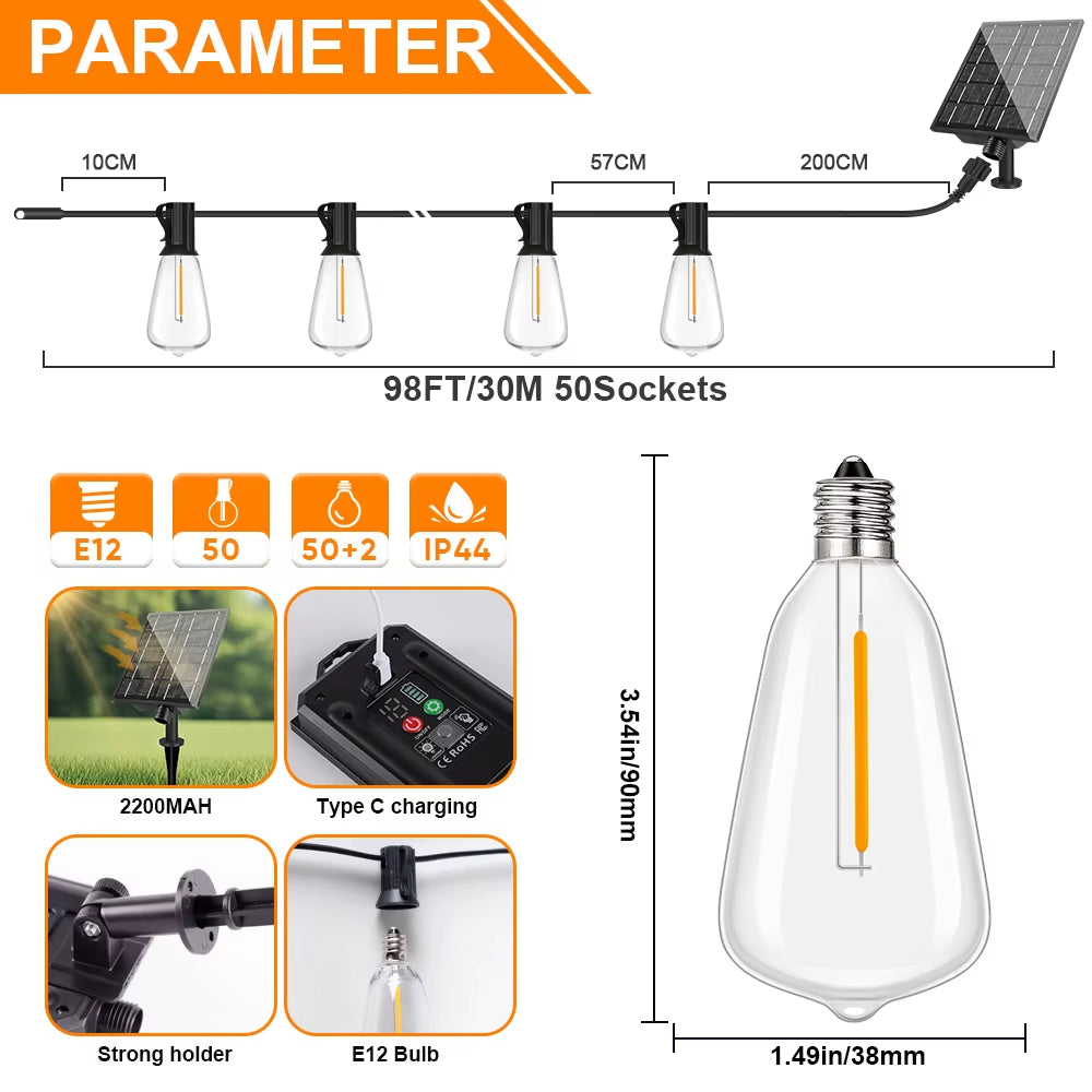 Led ST38 Solar String Light Dimmable Outdoor Shatterproof Garden Solar Powered String Lights with Remote Backyard Camping Decor