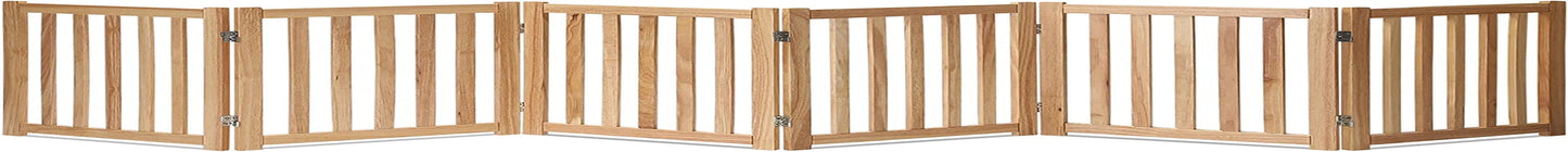 6-Panel Extra-Wide Freestanding Wooden Dog Gate – 24”High Foldable Safety Pet Barrier for Doorways, Hallways, Kitchens, and Long Staircases, Durable Design Fit Small to Medium Dogs, Natural