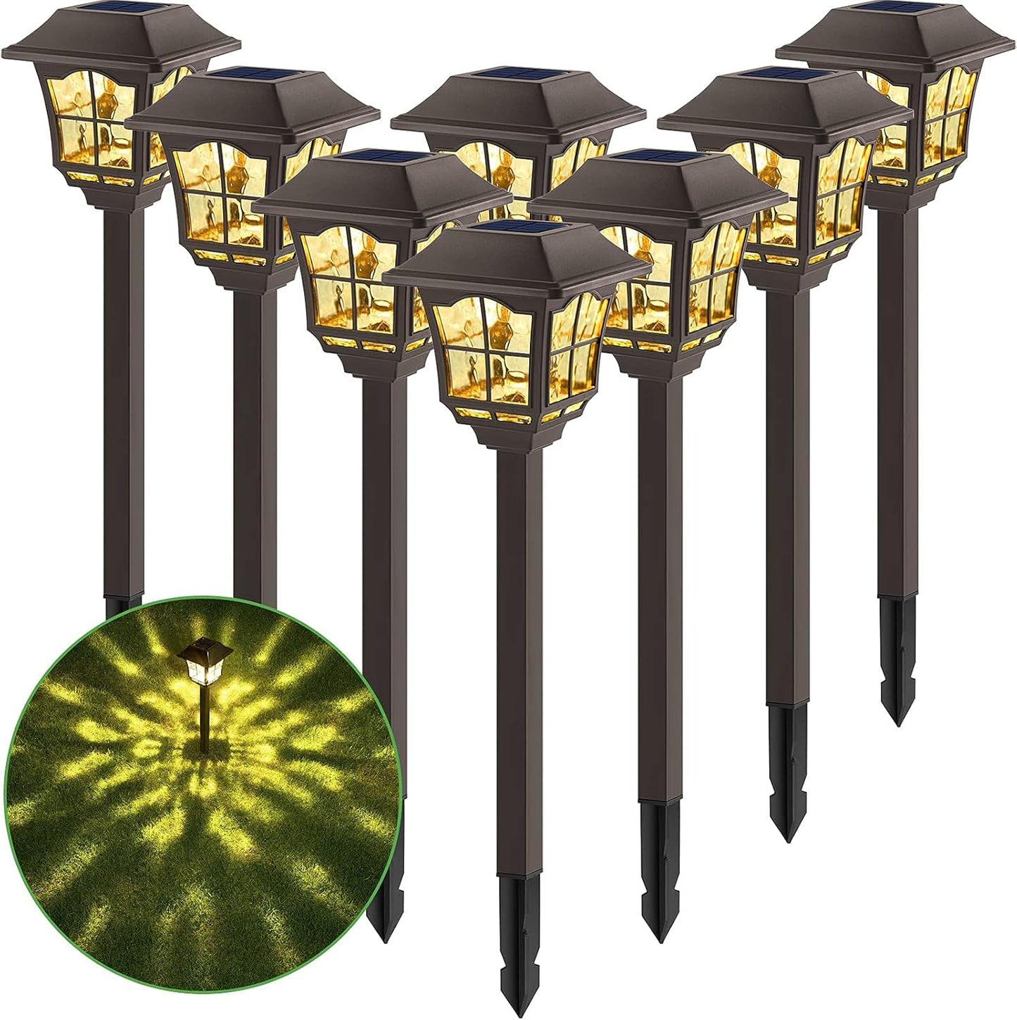8 Pack Solar Lights Pathway Outdoor Garden Path Waterproof Glass Auto On/Off Bright Warm White Wireless Sun Powered Landscape Lighting for Yard Patio Walkway Path Light Bronze BG404