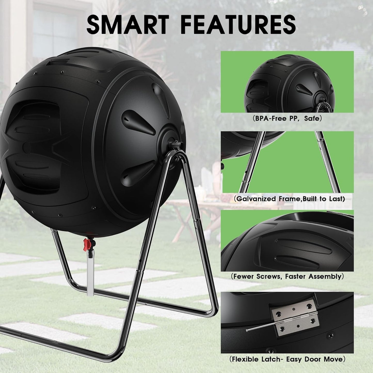 Compost Tumbler, 35 Gallon Multipurpose Compost Bin, Heavy Duty Quick Work with Easy-To-Use Drain Plug for Liquid Collection, Black