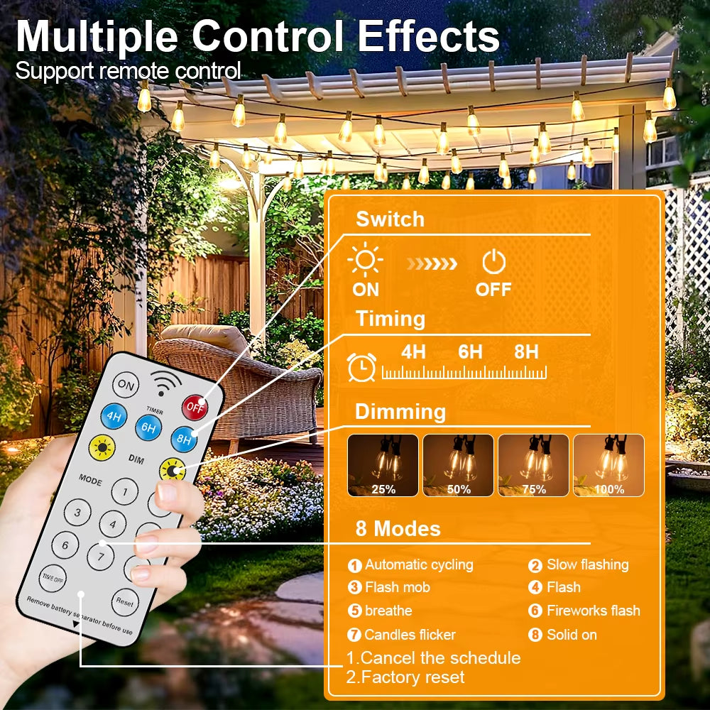 Led ST38 Solar String Light Dimmable Outdoor Shatterproof Garden Solar Powered String Lights with Remote Backyard Camping Decor