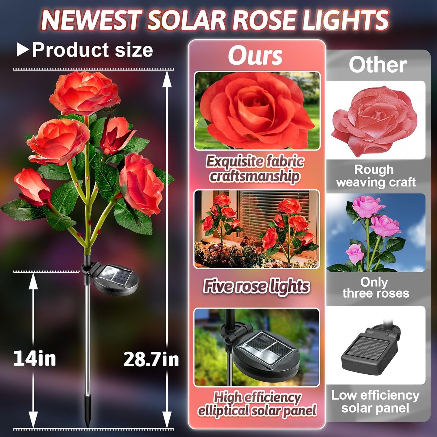 Solar Lights Outdoor Waterproof: Garden Light Solar Powered for Yard Decorative - Red Flower Lamp LED Lighting Patio Cemetery Gave Decor - Rose Gardening Gifts for Women Mom Wife