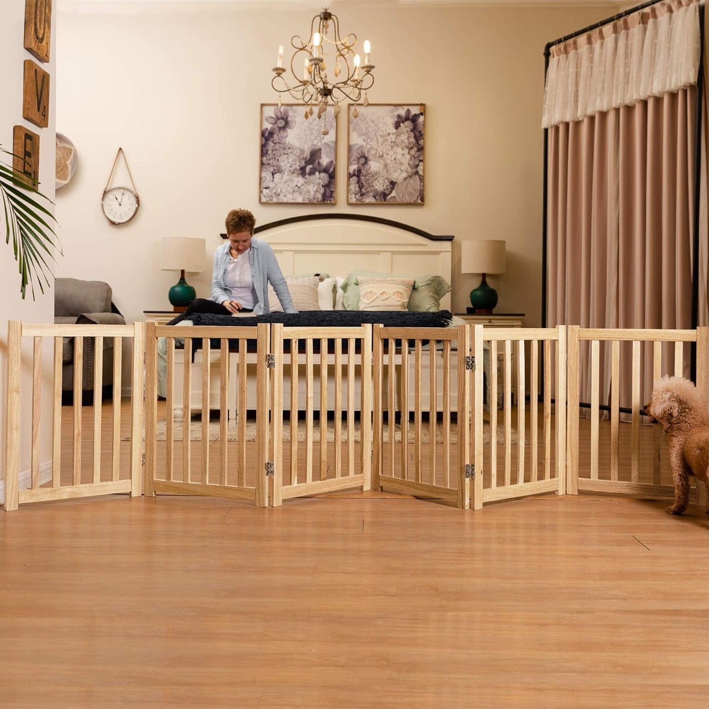 6-Panel Extra-Wide Freestanding Wooden Dog Gate – 24”High Foldable Safety Pet Barrier for Doorways, Hallways, Kitchens, and Long Staircases, Durable Design Fit Small to Medium Dogs, Natural