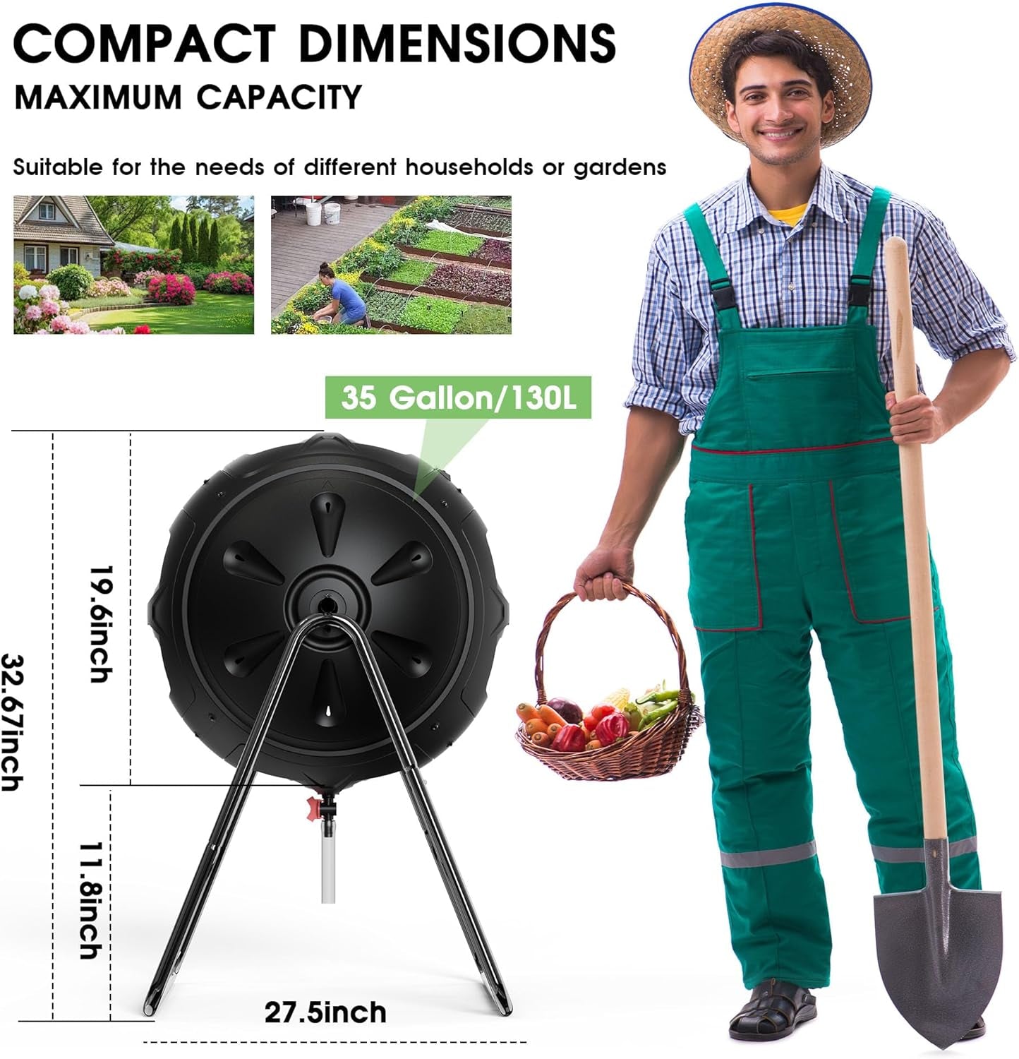 Compost Tumbler, 35 Gallon Multipurpose Compost Bin, Heavy Duty Quick Work with Easy-To-Use Drain Plug for Liquid Collection, Black