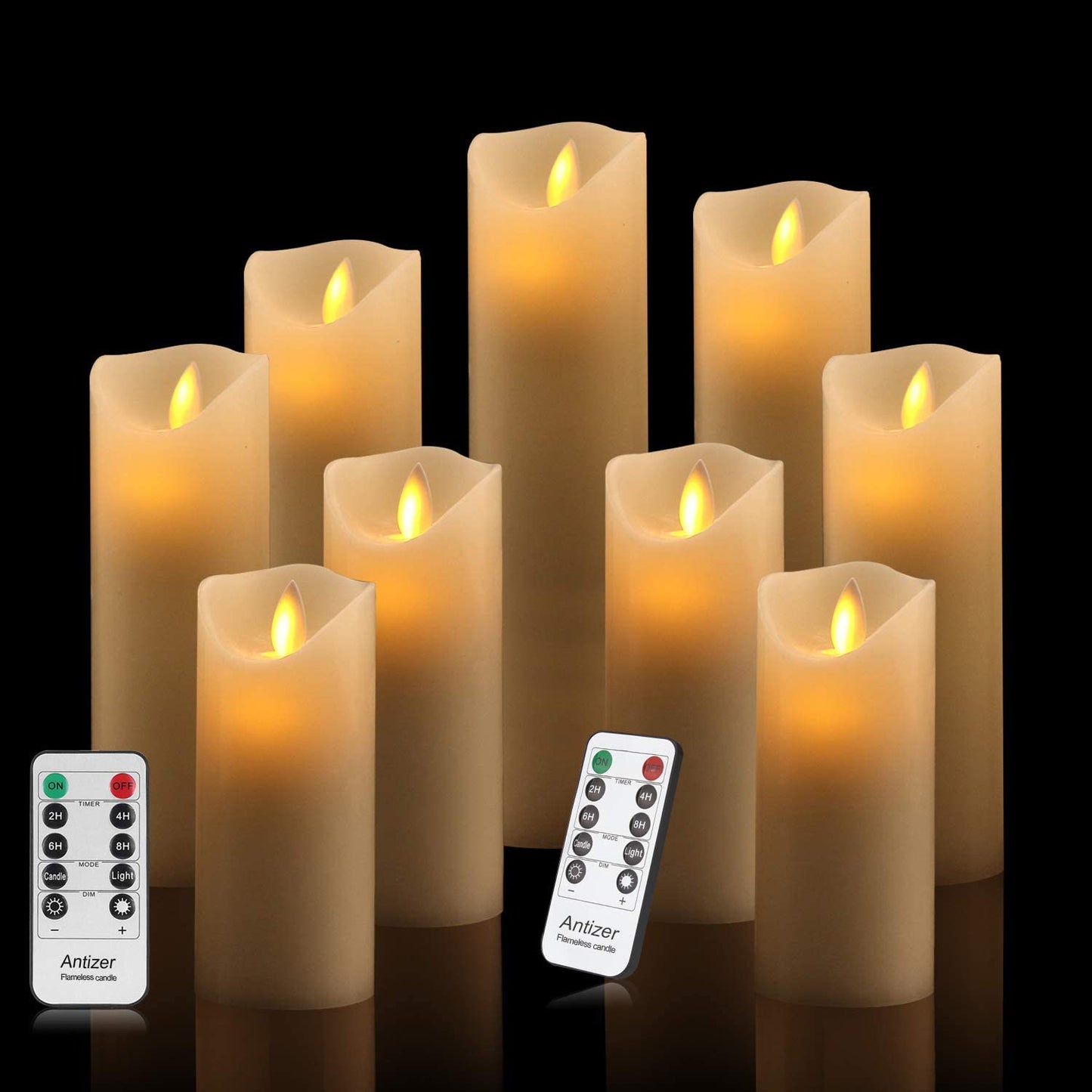 Flameless Candles Set of 9 Ivory Dripless Real Wax Pillars Include Realistic Dancing LED Flames and 10-Key Remote Control with 24-Hour Timer Function 400+ Hours by 2 AA Batteries