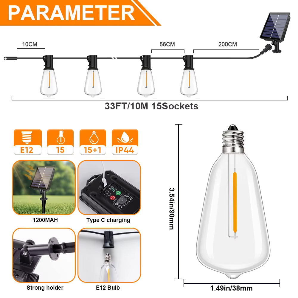 Led ST38 Solar String Light Dimmable Outdoor Shatterproof Garden Solar Powered String Lights with Remote Backyard Camping Decor