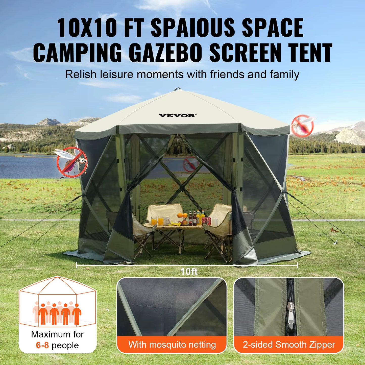 VEVOR Pop up Gazebo Tent, Pop-Up Screen Tent 6 Sided Canopy Sun Shelter with 6 Removable Privacy Wind Cloths & Mesh Windows