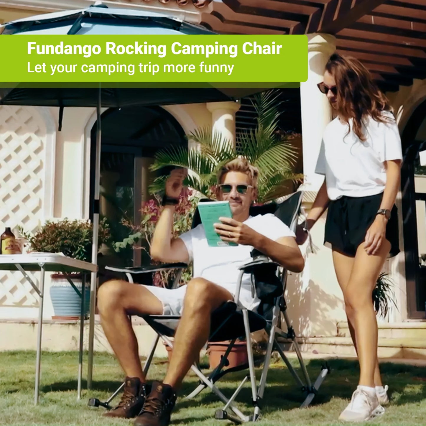 2 Pack Camping Rocking Chair Patio Swing Lounge Folding Chair with Headrest for Adult Green