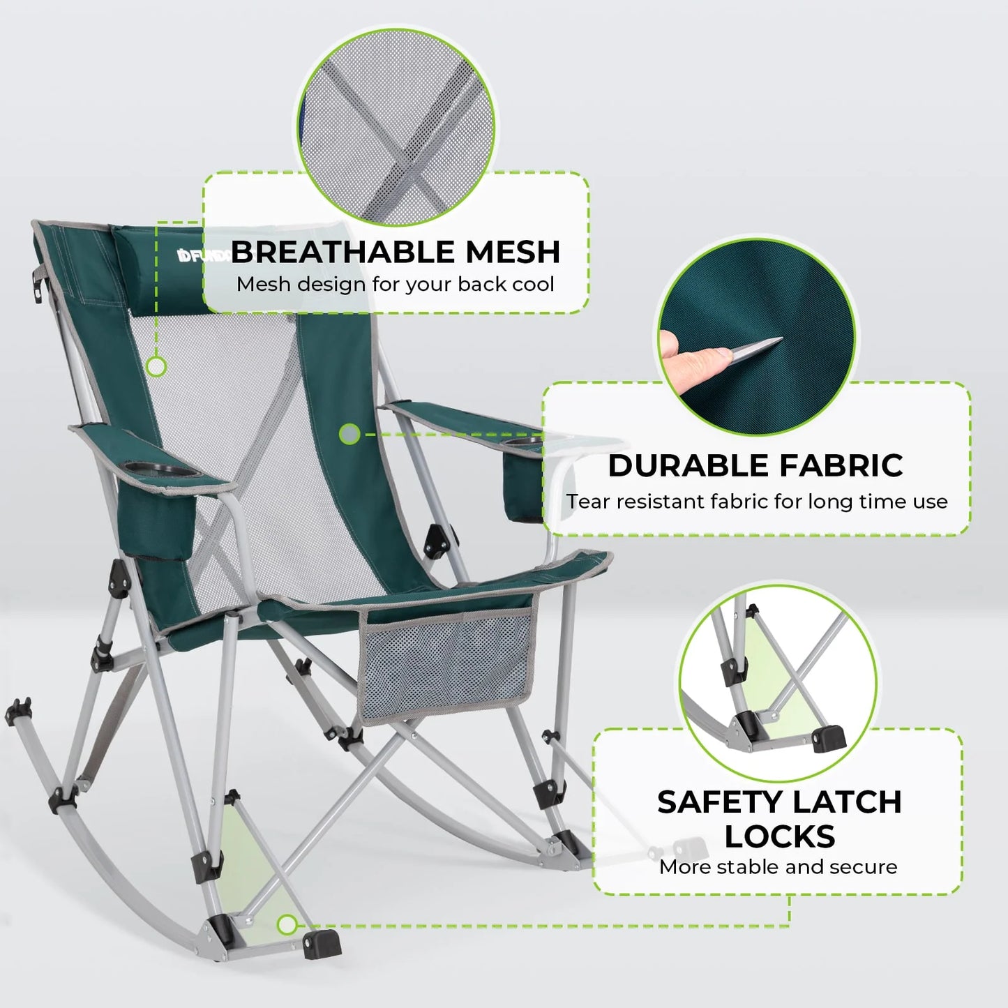 2 Pack Camping Rocking Chair Patio Swing Lounge Folding Chair with Headrest for Adult Green