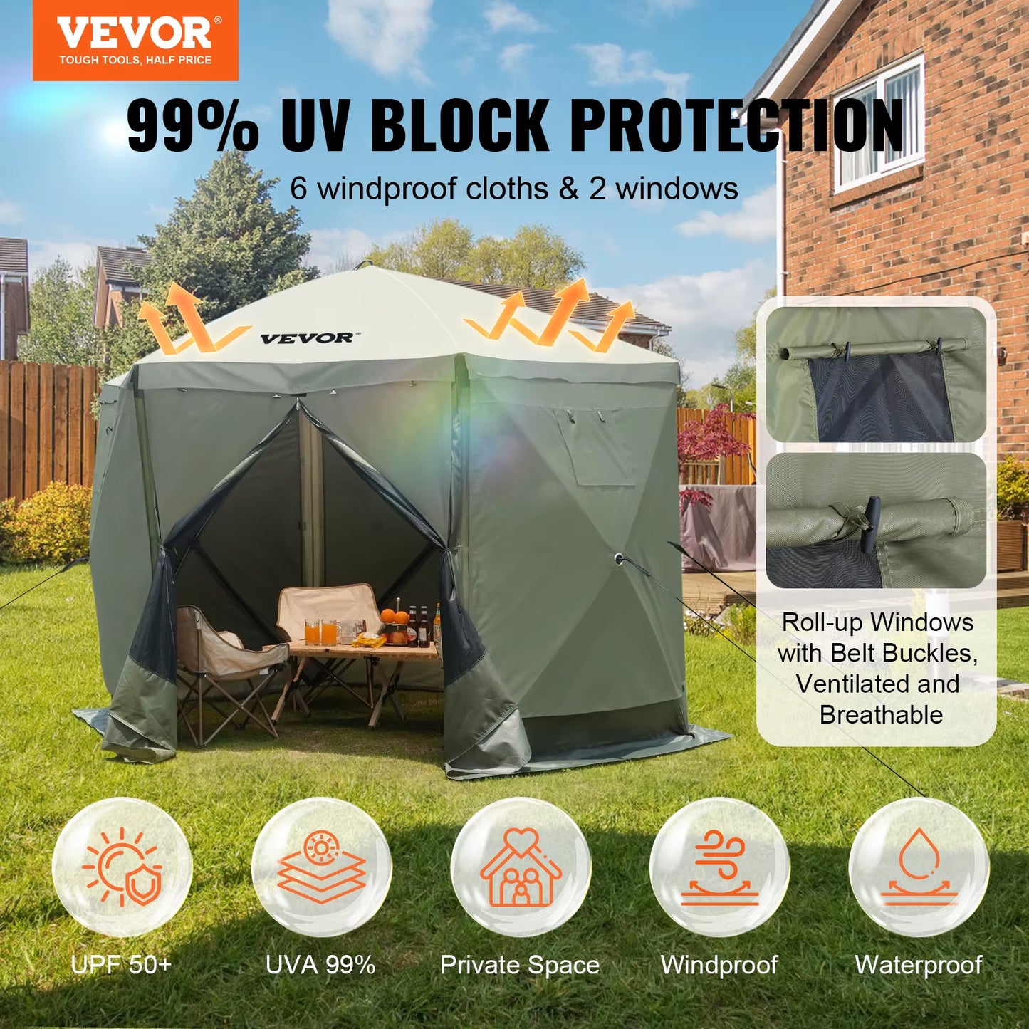 VEVOR Pop up Gazebo Tent, Pop-Up Screen Tent 6 Sided Canopy Sun Shelter with 6 Removable Privacy Wind Cloths & Mesh Windows