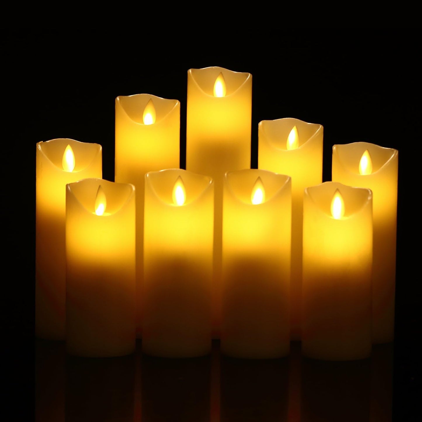 Flameless Candles Set of 9 Ivory Dripless Real Wax Pillars Include Realistic Dancing LED Flames and 10-Key Remote Control with 24-Hour Timer Function 400+ Hours by 2 AA Batteries
