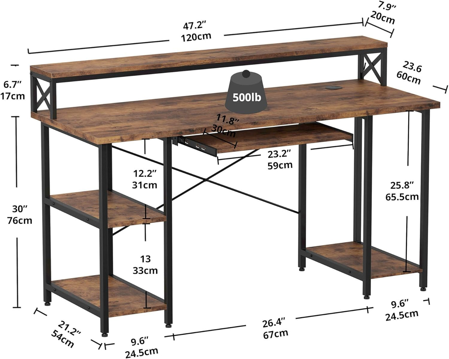 Computer Desk 47", Home Office Desk with Keyboard Tray, Monitor Stand, Storage Shelf, Industrial Studying Writing Table, Vintage Brown