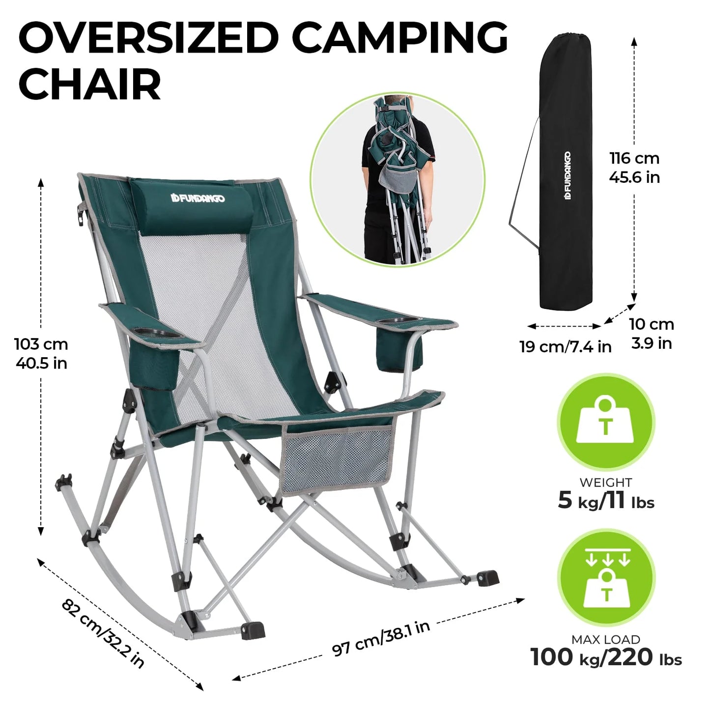 2 Pack Camping Rocking Chair Patio Swing Lounge Folding Chair with Headrest for Adult Green