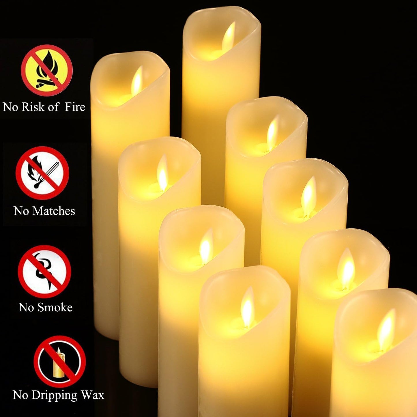 Flameless Candles Set of 9 Ivory Dripless Real Wax Pillars Include Realistic Dancing LED Flames and 10-Key Remote Control with 24-Hour Timer Function 400+ Hours by 2 AA Batteries