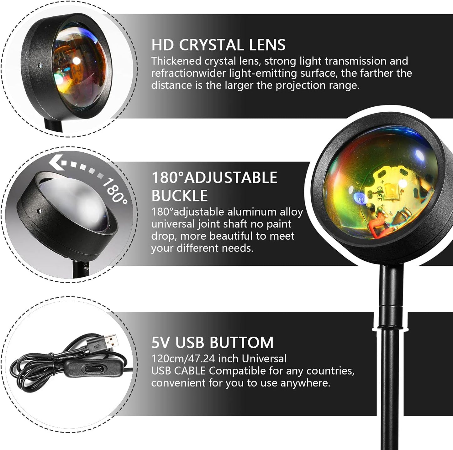 Sunset Lamp, Sunset Projection Light 10W 180 Degree Rotation Sunset Rainbow LED Projector Light Romantic Visual Atmosphere Night Light for Living Room Photography Bedroom Decor - Rainbow