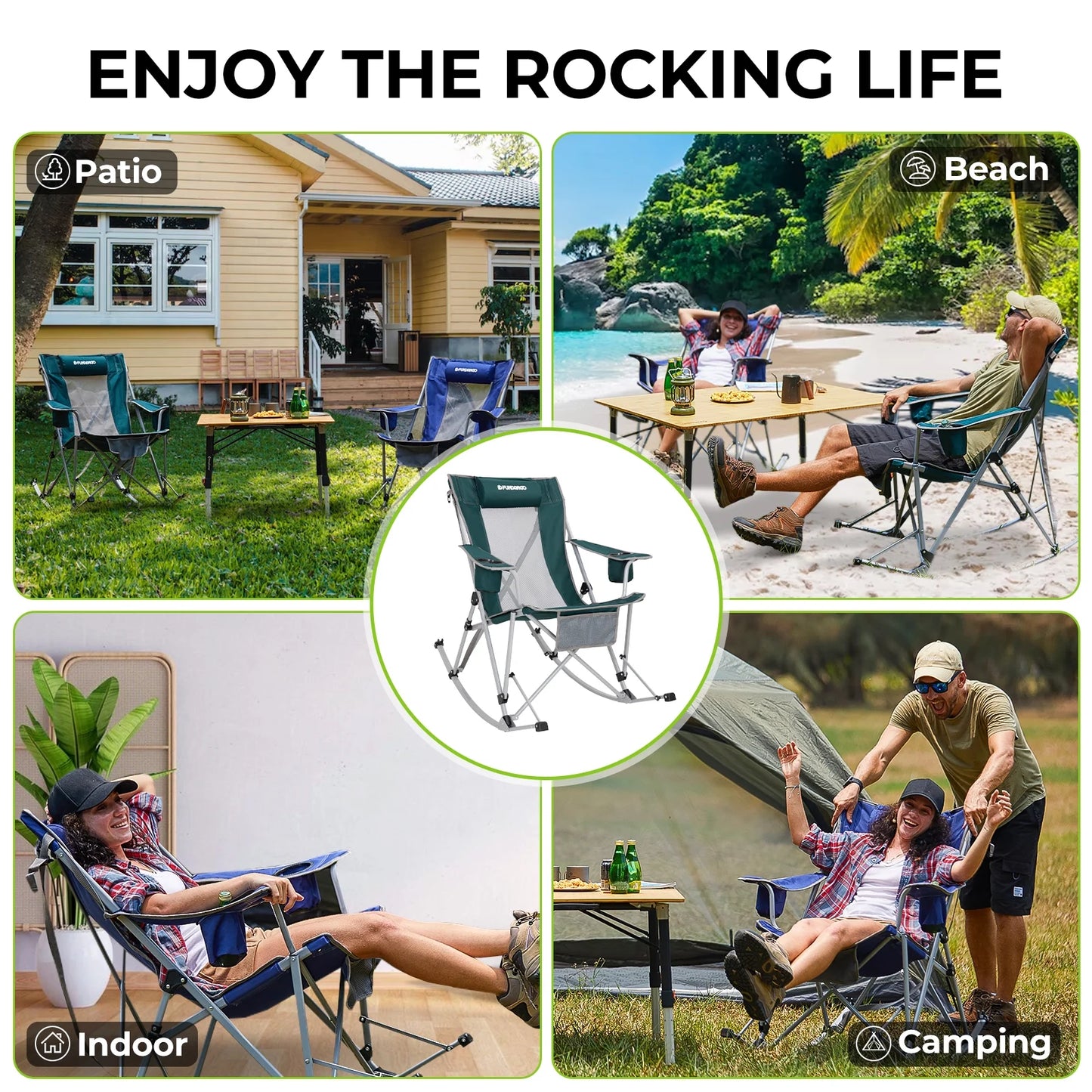 2 Pack Camping Rocking Chair Patio Swing Lounge Folding Chair with Headrest for Adult Green