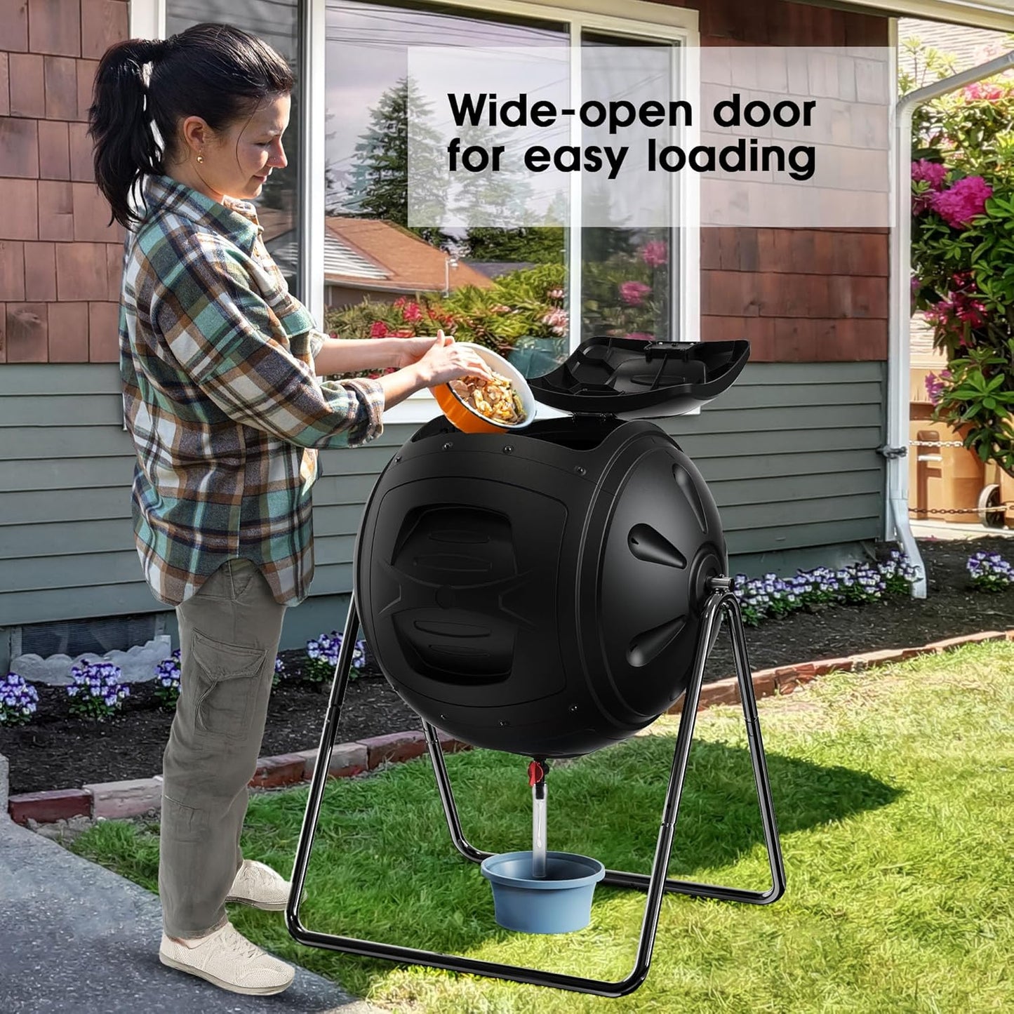 Compost Tumbler, 35 Gallon Multipurpose Compost Bin, Heavy Duty Quick Work with Easy-To-Use Drain Plug for Liquid Collection, Black