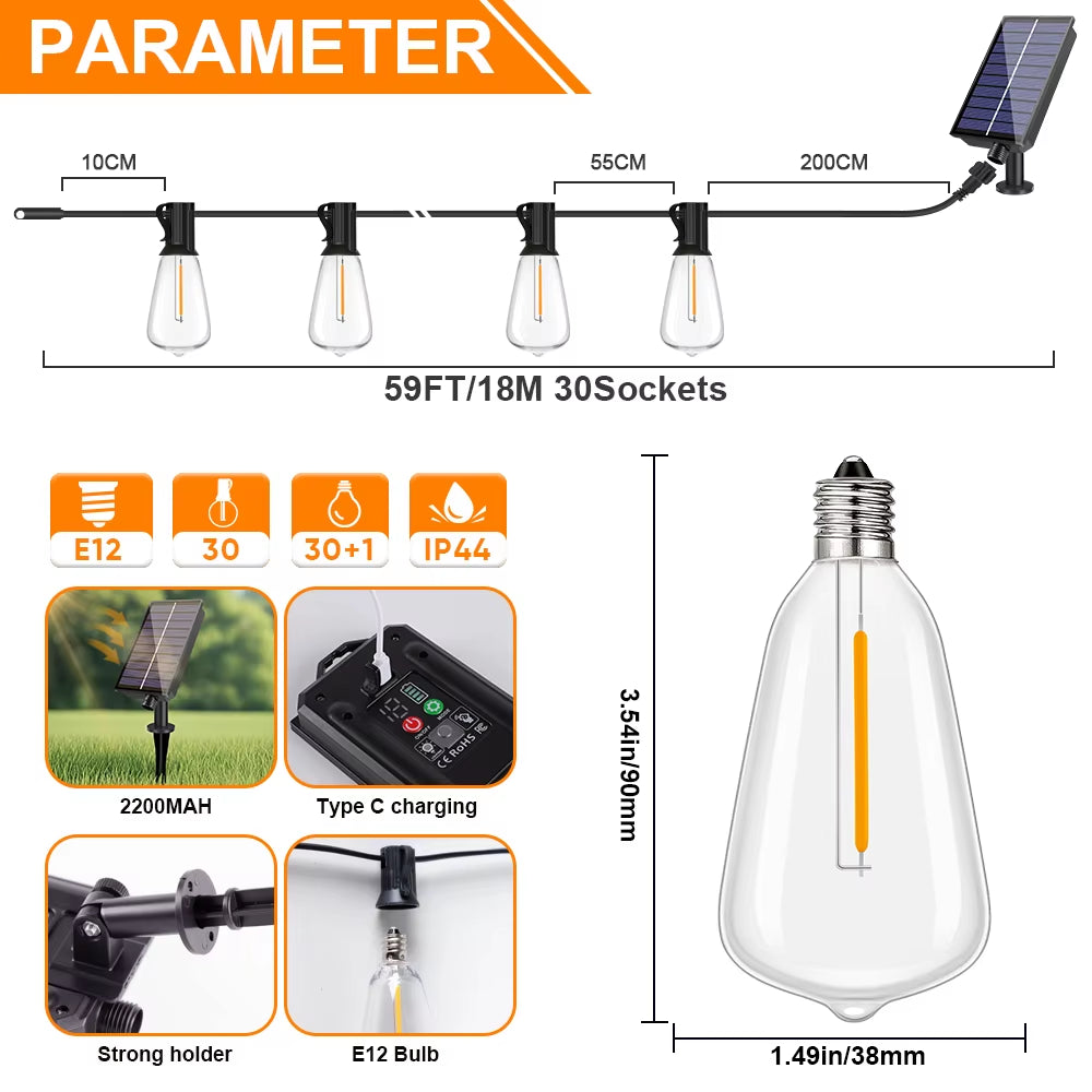 Led ST38 Solar String Light Dimmable Outdoor Shatterproof Garden Solar Powered String Lights with Remote Backyard Camping Decor