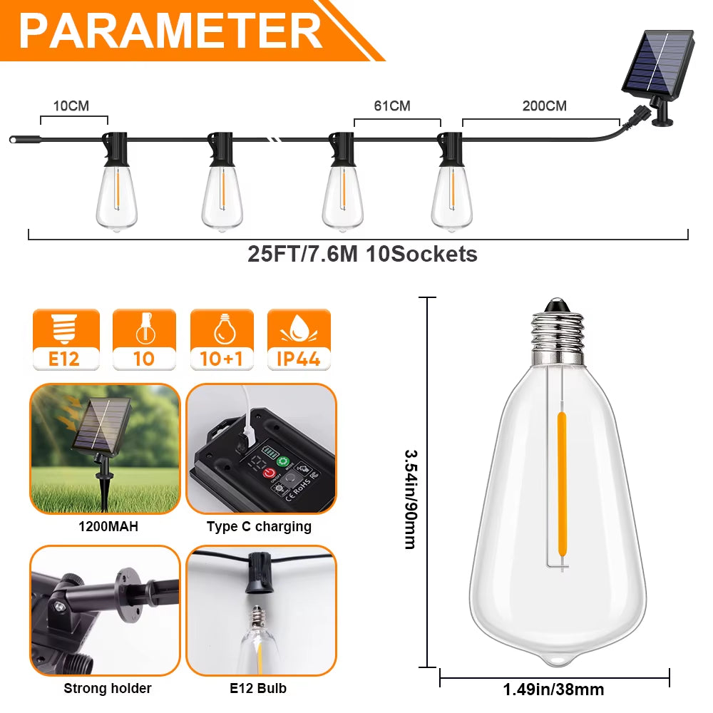 Led ST38 Solar String Light Dimmable Outdoor Shatterproof Garden Solar Powered String Lights with Remote Backyard Camping Decor