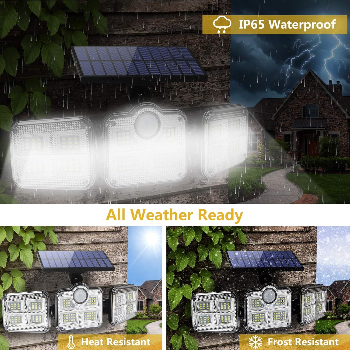 Solar Lights Outdoor Waterproof - Solar Motion Sensor Lights 270° Wide Angle: Solar Security Lights 3 Adjustable Heads LED Flood Lights Super Bright Solar Powered Wall Lights with Remote Control