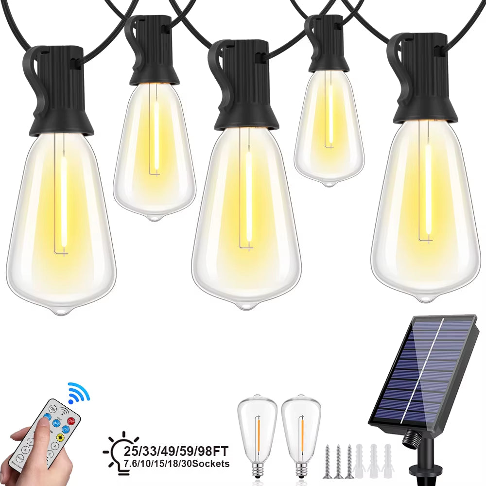 Led ST38 Solar String Light Dimmable Outdoor Shatterproof Garden Solar Powered String Lights with Remote Backyard Camping Decor