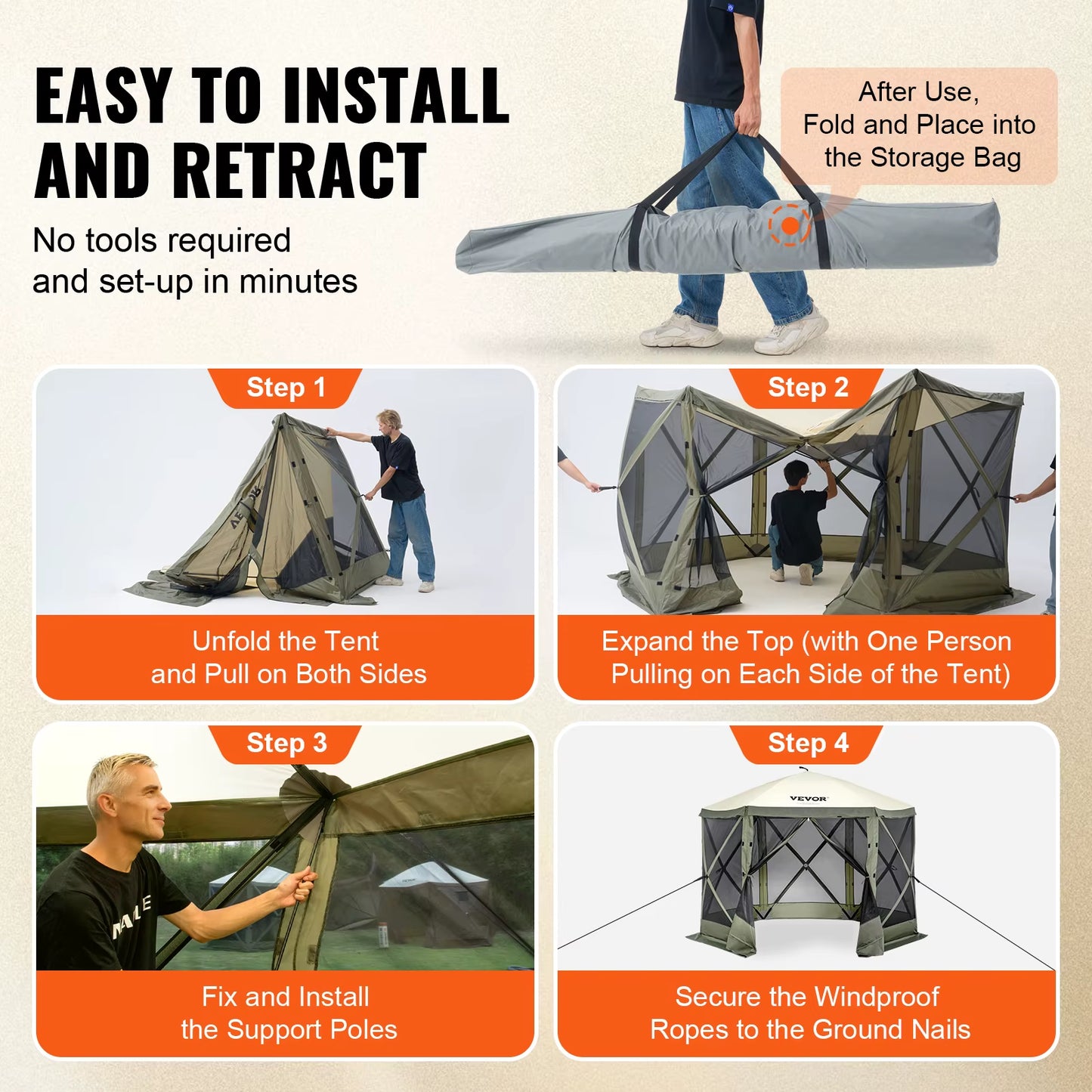 VEVOR Pop up Gazebo Tent, Pop-Up Screen Tent 6 Sided Canopy Sun Shelter with 6 Removable Privacy Wind Cloths & Mesh Windows