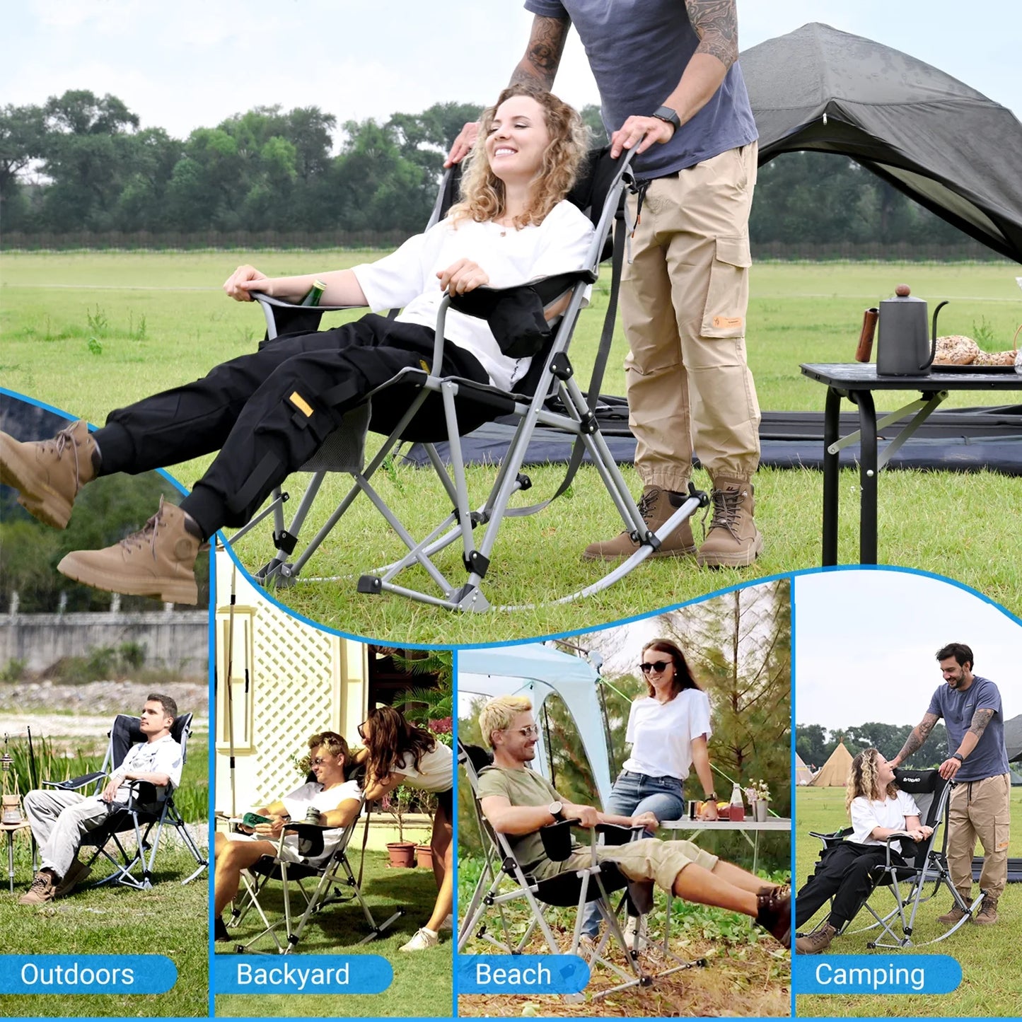 2 Pack Camping Rocking Chair Patio Swing Lounge Folding Chair with Headrest for Adult Green