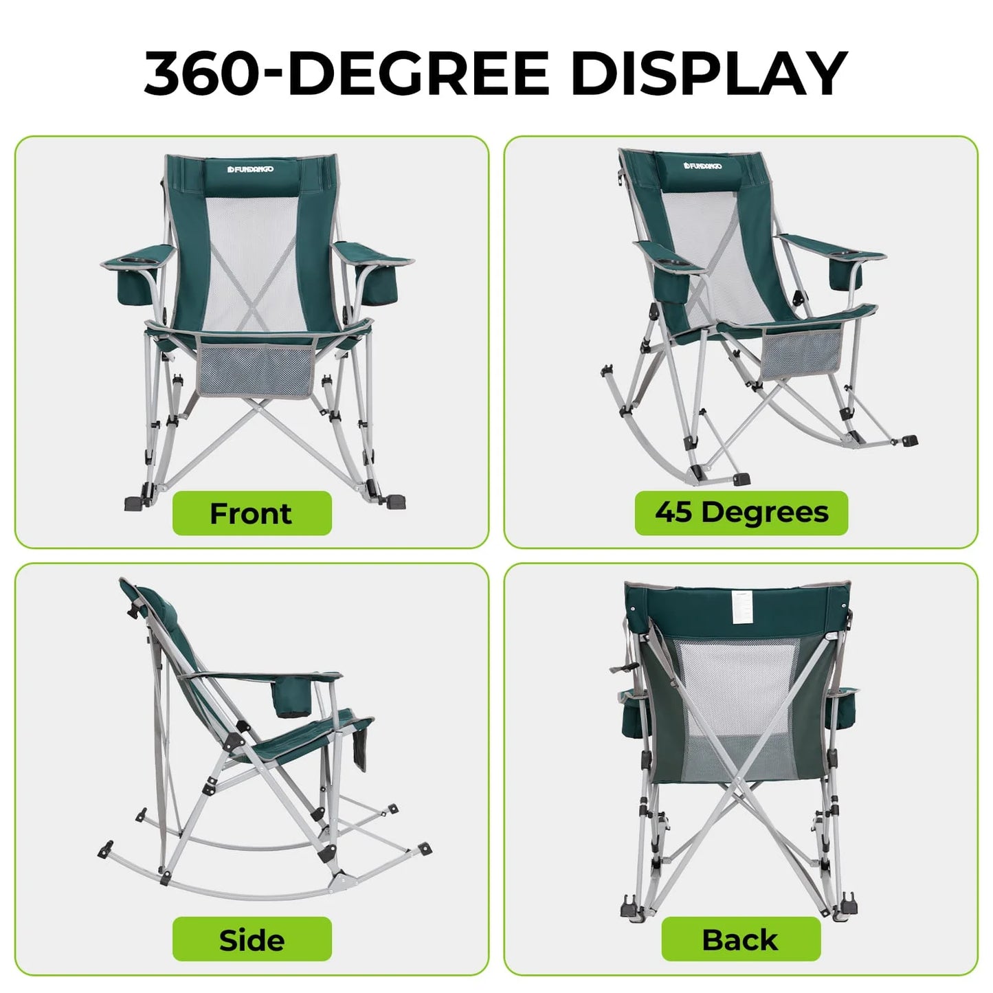 2 Pack Camping Rocking Chair Patio Swing Lounge Folding Chair with Headrest for Adult Green