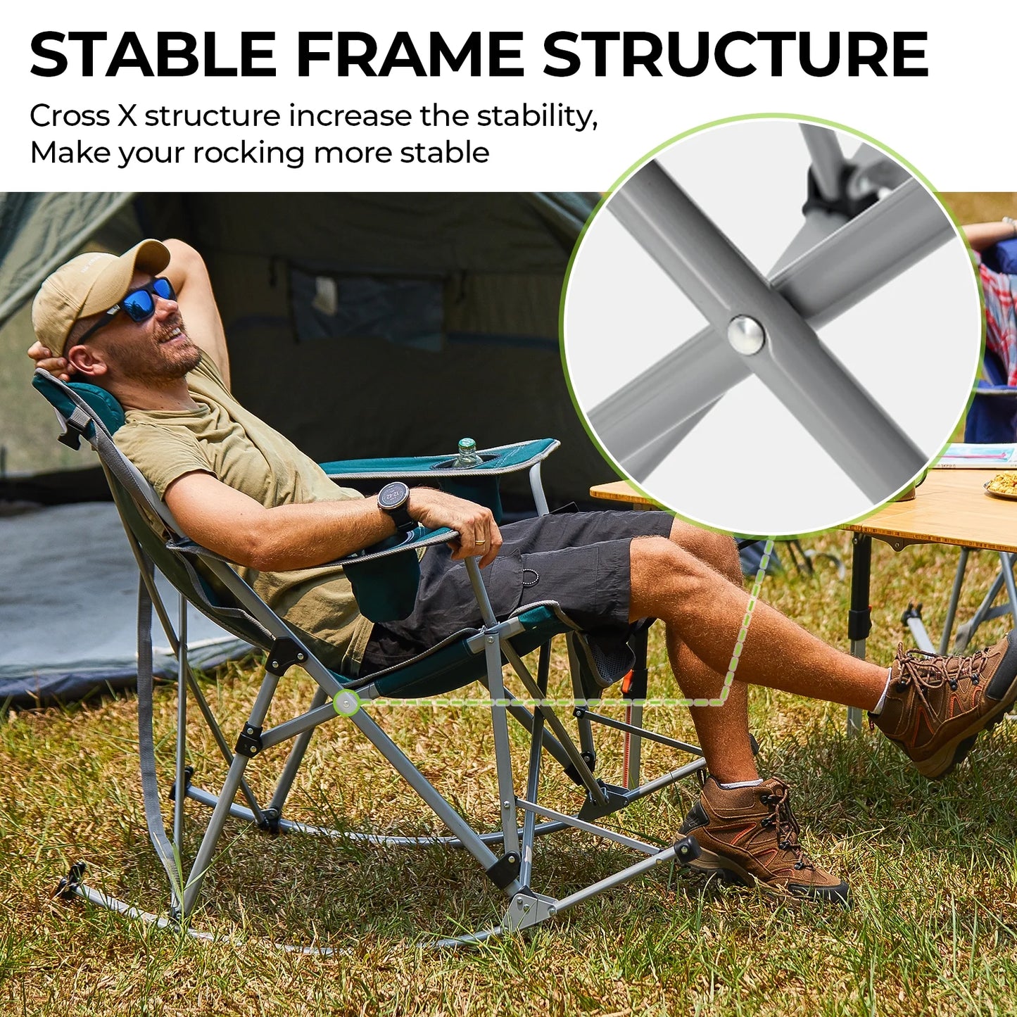 2 Pack Camping Rocking Chair Patio Swing Lounge Folding Chair with Headrest for Adult Green