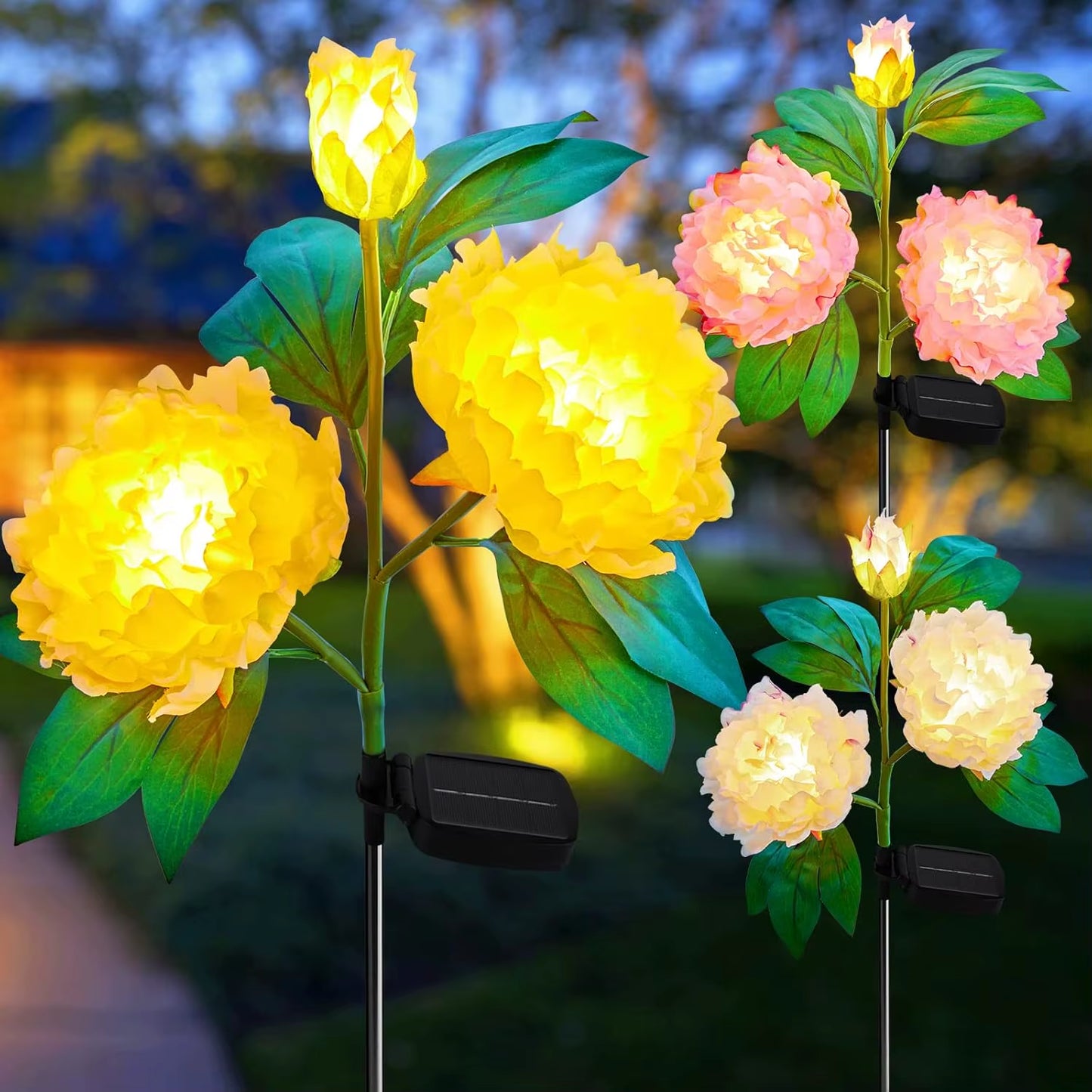 Outdoor Solar Garden Lights - 4 Pack LED Solar Flower Lights with Larger & More Realistic Rose, Bigger Solar Panel, Waterproof