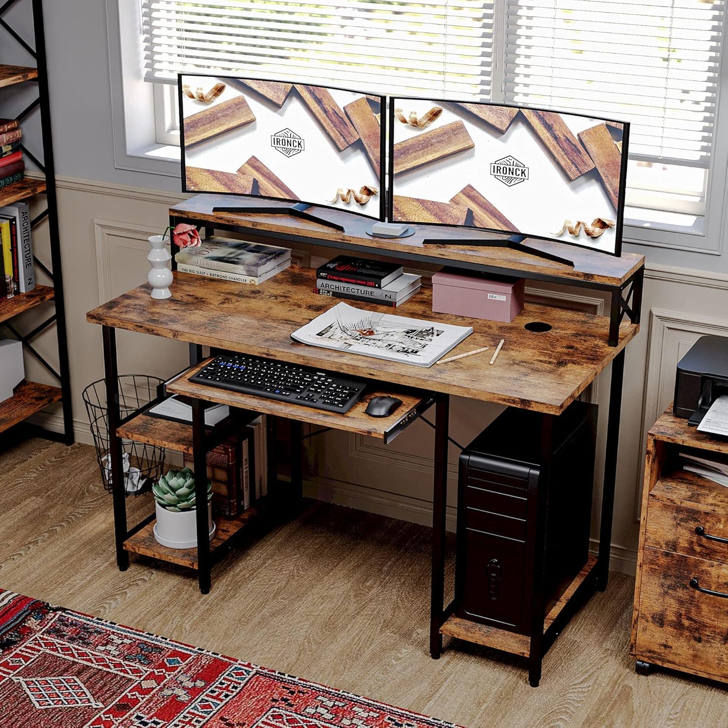 Computer Desk 47", Home Office Desk with Keyboard Tray, Monitor Stand, Storage Shelf, Industrial Studying Writing Table, Vintage Brown