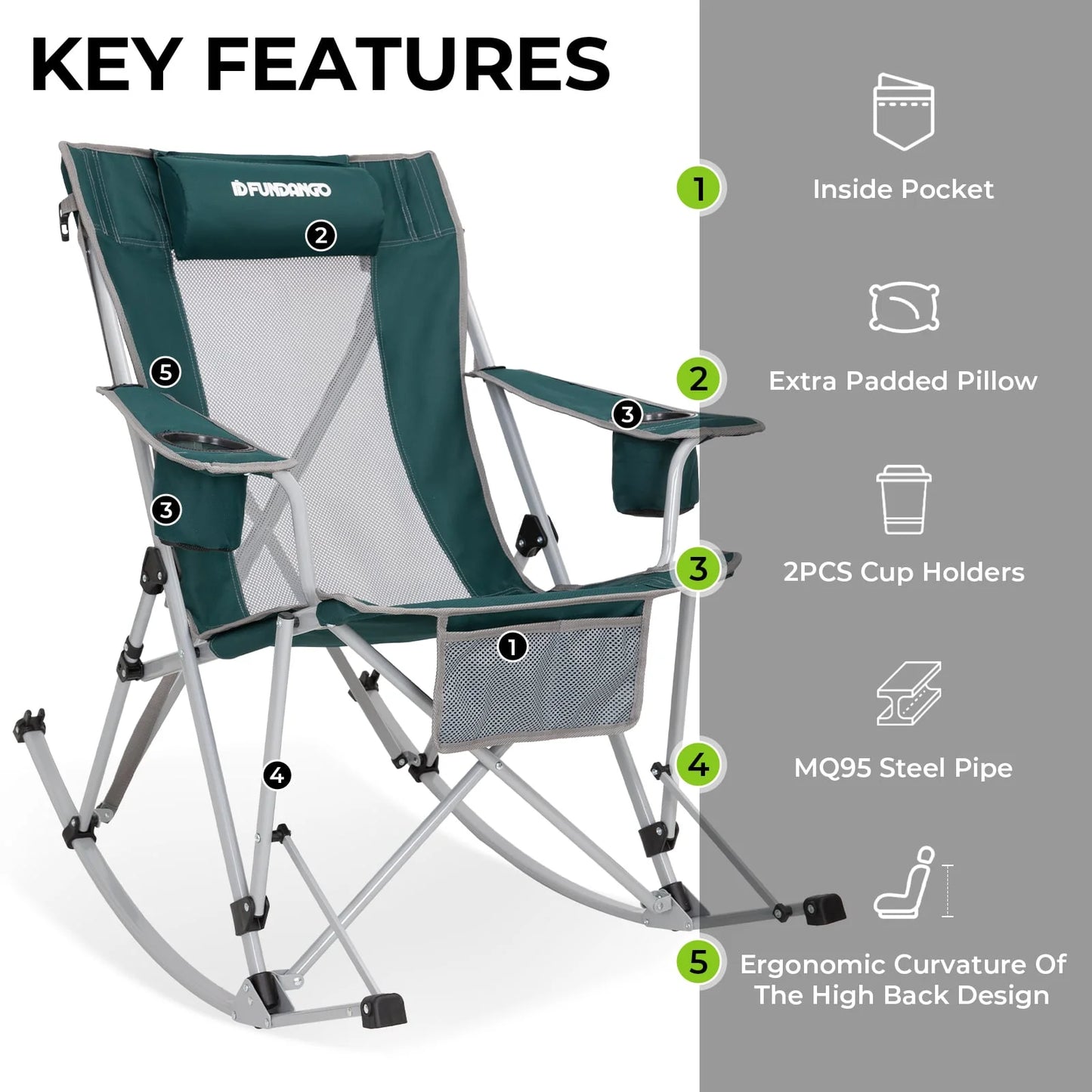 2 Pack Camping Rocking Chair Patio Swing Lounge Folding Chair with Headrest for Adult Green