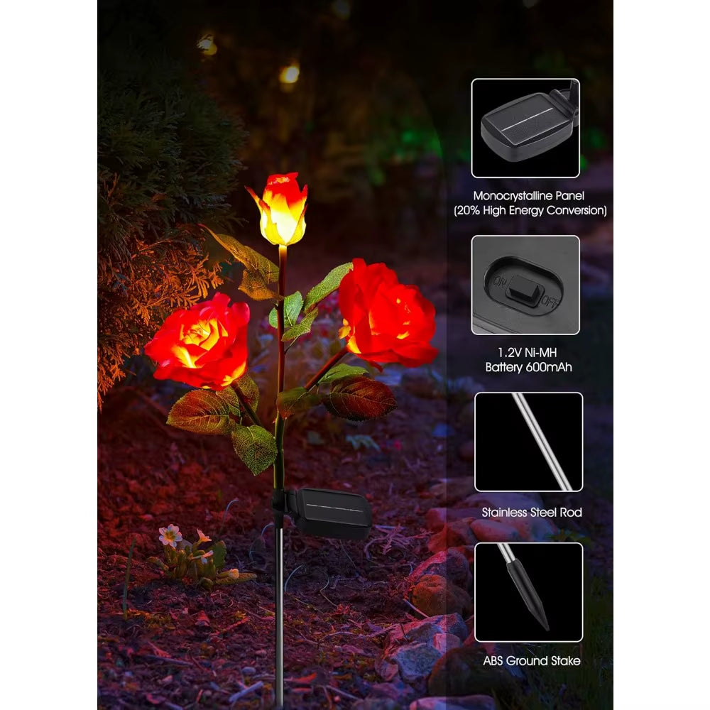 Outdoor Solar Garden Lights - 4 Pack LED Solar Flower Lights with Larger & More Realistic Rose, Bigger Solar Panel, Waterproof
