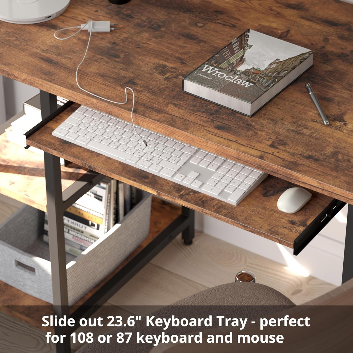 Computer Desk 47", Home Office Desk with Keyboard Tray, Monitor Stand, Storage Shelf, Industrial Studying Writing Table, Vintage Brown