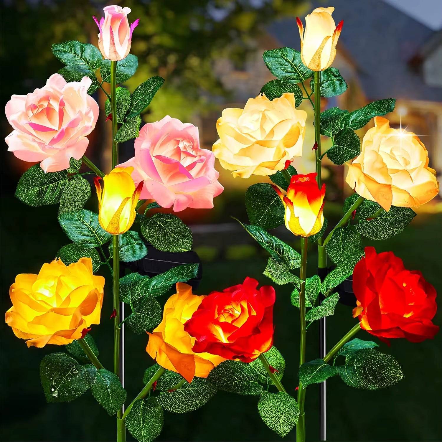 Outdoor Solar Garden Lights - 4 Pack LED Solar Flower Lights with Larger & More Realistic Rose, Bigger Solar Panel, Waterproof