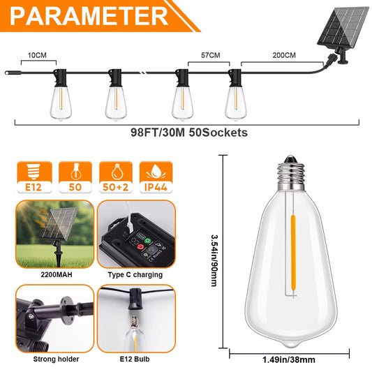 Led ST38 Solar String Light Dimmable Outdoor Shatterproof Garden Solar Powered String Lights with Remote Backyard Camping Decor