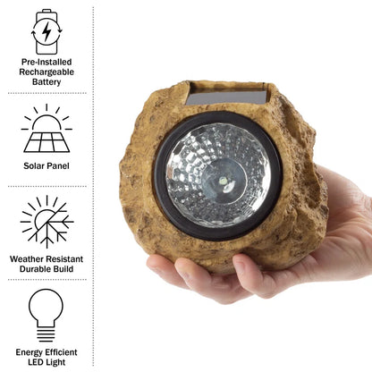 Solar Outdoor Lights - 4-Pack of All-Weather Faux-Stone LED Rock Lights for Paths, Gardens, and Landscaping (Brown)