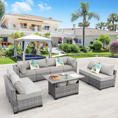 9-Piece Outdoor Sectional Wicker Furniture Set Patio Furniture Conversation Couch Set Large-Size Storage Table with Thicken(5") Anti-Slip Light Grey Cushions Cover
