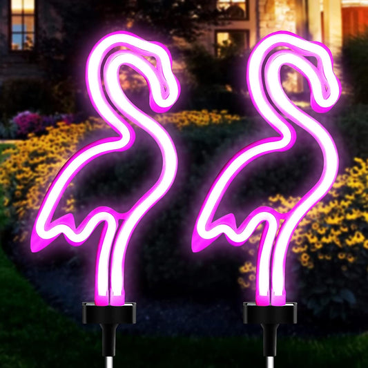Solar Garden Lights, Outdoor Lights Flamingo Neon Lights, Waterproof Outdoor Lights for Garden Patio Yard Pathway Decoration (2PACK)