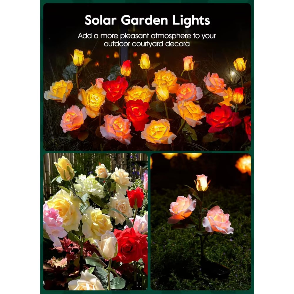 Outdoor Solar Garden Lights - 4 Pack LED Solar Flower Lights with Larger & More Realistic Rose, Bigger Solar Panel, Waterproof
