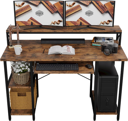 Computer Desk 47", Home Office Desk with Keyboard Tray, Monitor Stand, Storage Shelf, Industrial Studying Writing Table, Vintage Brown