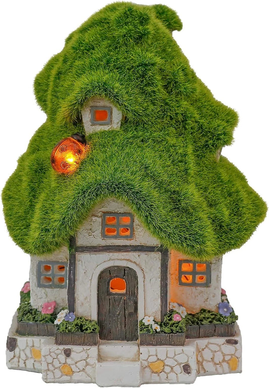 6.61 Inches Flocked House Garden Decor, Resin Outdoor Garden Statue with Solar Lights, Cottage Lawn Ornaments for Patio Yard Decor