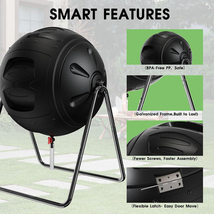 Compost Tumbler, 35 Gallon Multipurpose Compost Bin, Heavy Duty Quick Work with Easy-To-Use Drain Plug for Liquid Collection, Black