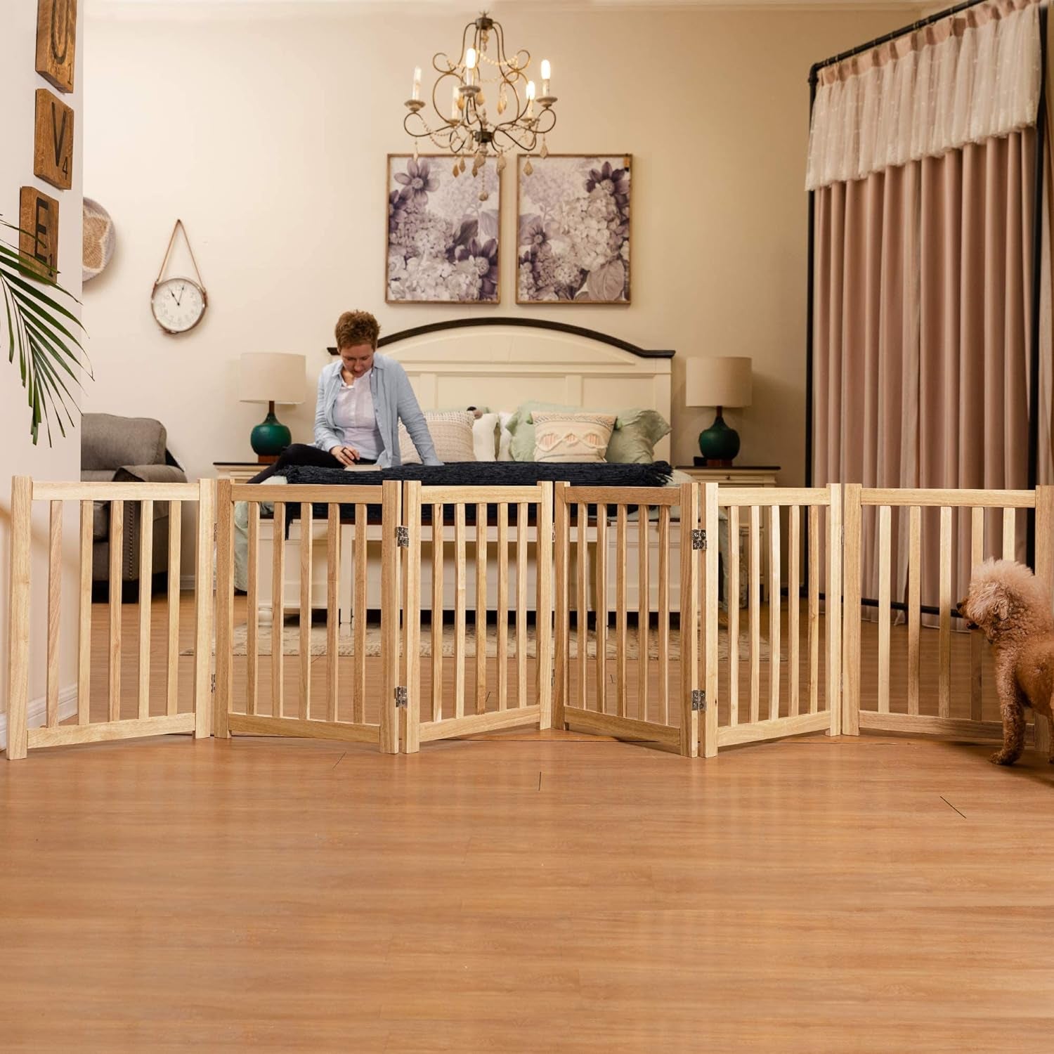 6-Panel Extra-Wide Freestanding Wooden Dog Gate – 24”High Foldable Safety Pet Barrier for Doorways, Hallways, Kitchens, and Long Staircases, Durable Design Fit Small to Medium Dogs, Natural