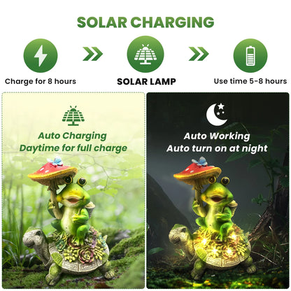 Solar Garden Statues Outdoor Decor, Turtle and Frog Holding Mushroom Garden Decor for Patio, Balcony, Yard, Lawn