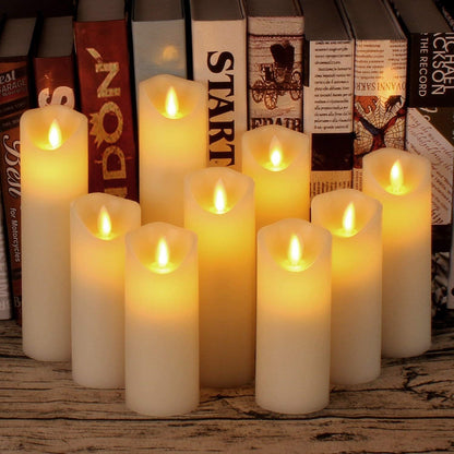 Flameless Candles Set of 9 Ivory Dripless Real Wax Pillars Include Realistic Dancing LED Flames and 10-Key Remote Control with 24-Hour Timer Function 400+ Hours by 2 AA Batteries