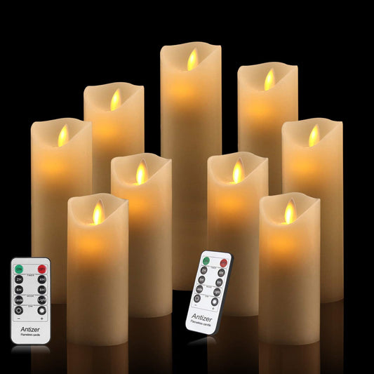 Flameless Candles Set of 9 Ivory Dripless Real Wax Pillars Include Realistic Dancing LED Flames and 10-Key Remote Control with 24-Hour Timer Function 400+ Hours by 2 AA Batteries