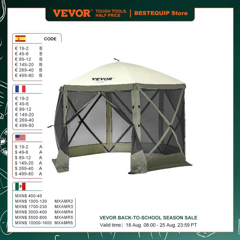 VEVOR Pop up Gazebo Tent, Pop-Up Screen Tent 6 Sided Canopy Sun Shelter with 6 Removable Privacy Wind Cloths & Mesh Windows