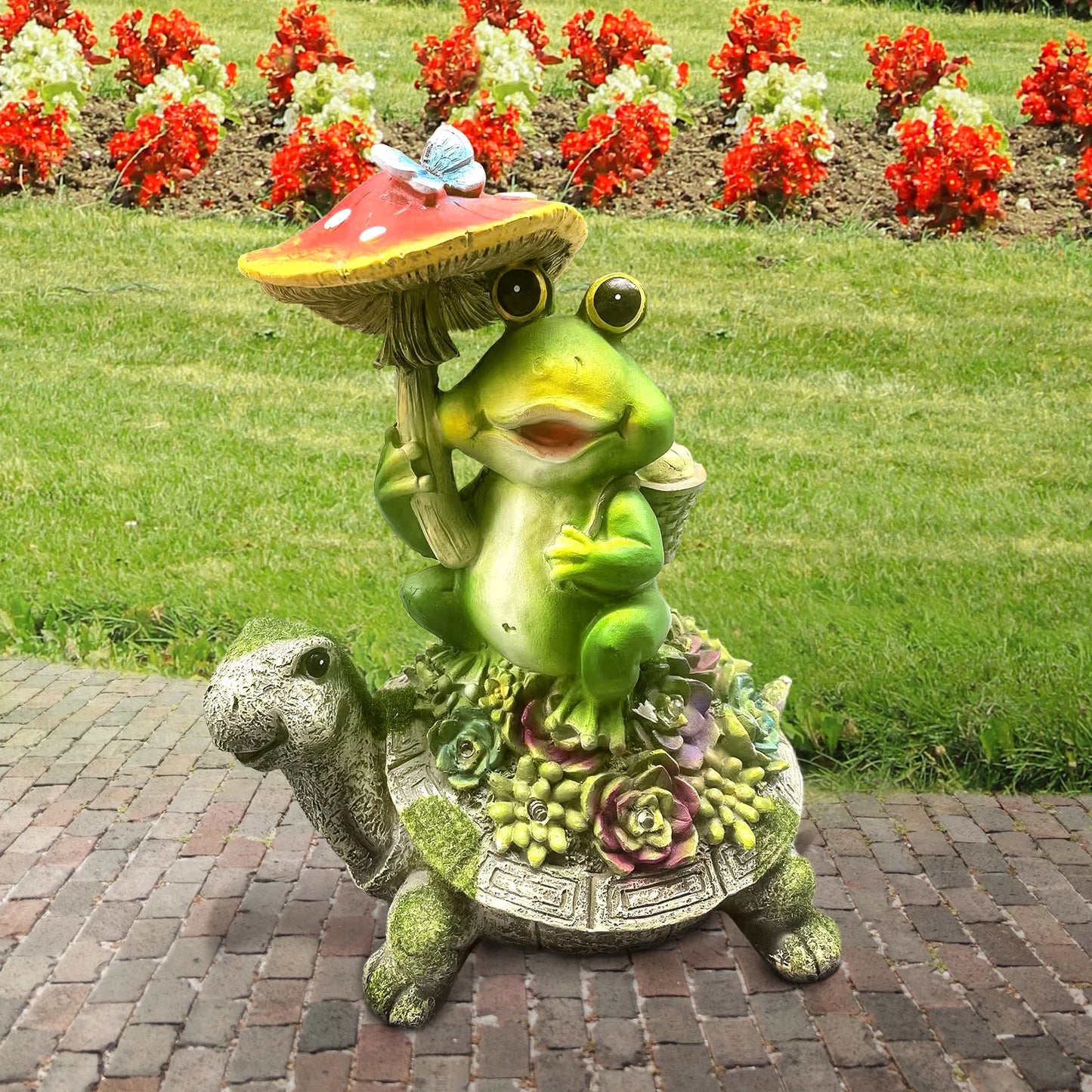 Solar Garden Statues Outdoor Decor, Turtle and Frog Holding Mushroom Garden Decor for Patio, Balcony, Yard, Lawn